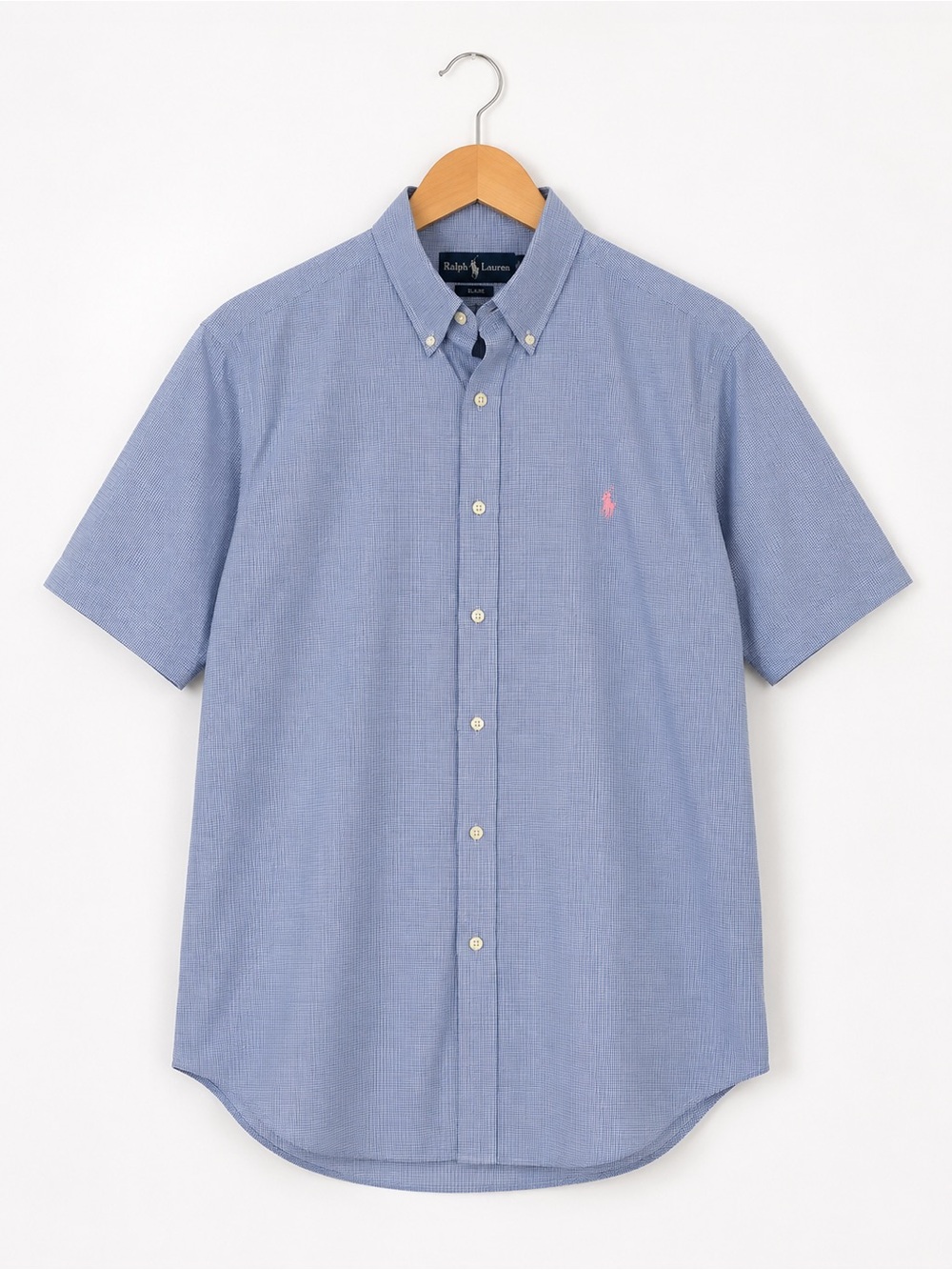 Ralph Lauren Light Blue Short Sleeve Button-Down with Pink Polo Logo Cotton Med